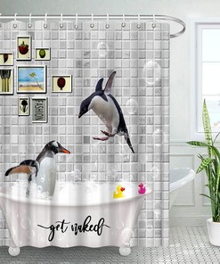 Cute Penguin Shower Curtain with Antarctic Polar Animal and Bath Bubbles for Funny Bathroom Decor
