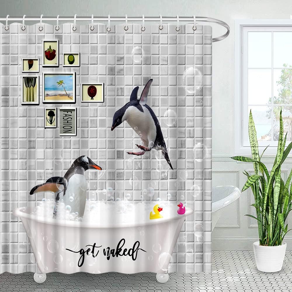 Cute Penguin Shower Curtain with Antarctic Polar Animal and Bath Bubbles for Funny Bathroom Decor