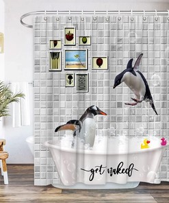 Cute Penguin Shower Curtain with Antarctic Polar Animal and Bath Bubbles for Funny Bathroom Decor