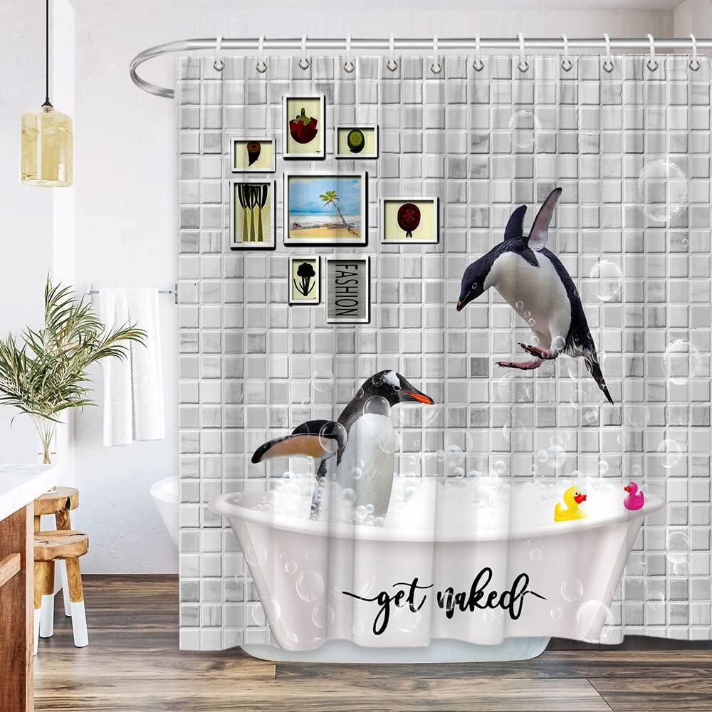 Cute Penguin Shower Curtain with Antarctic Polar Animal and Bath Bubbles for Funny Bathroom Decor