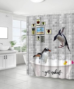 Cute Penguin Shower Curtain with Antarctic Polar Animal and Bath Bubbles for Funny Bathroom Decor