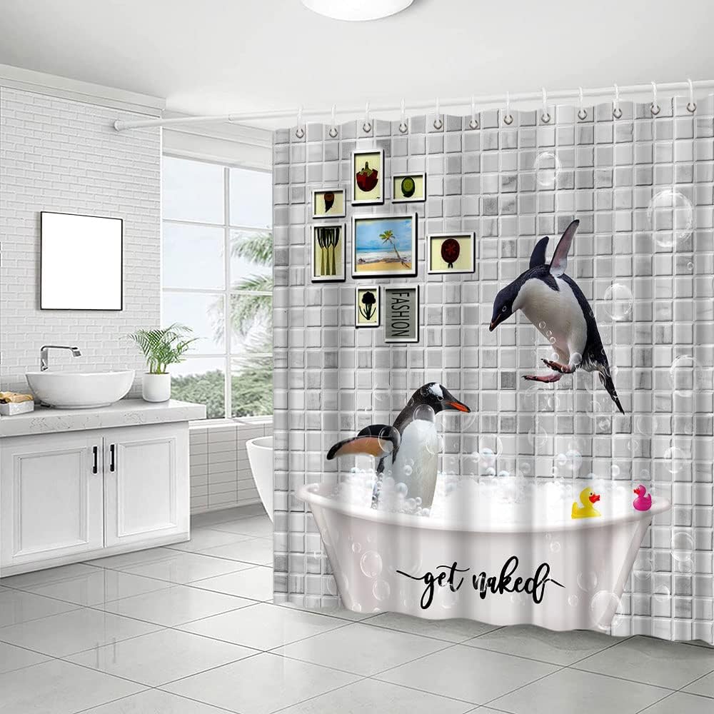 Cute Penguin Shower Curtain with Antarctic Polar Animal and Bath Bubbles for Funny Bathroom Decor