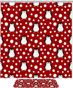 Cute Penguin Shower Curtain with Red Dot Accents for a Playful Bathroom