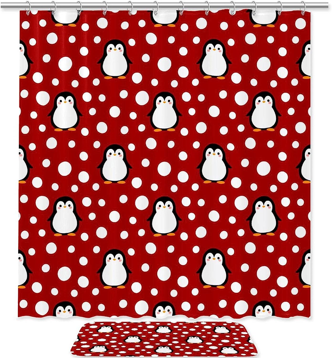 Cute Penguin Shower Curtain with Red Dot Accents for a Playful Bathroom
