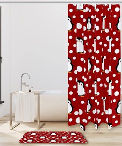 Cute Penguin Shower Curtain with Red Dot Accents for a Playful Bathroom