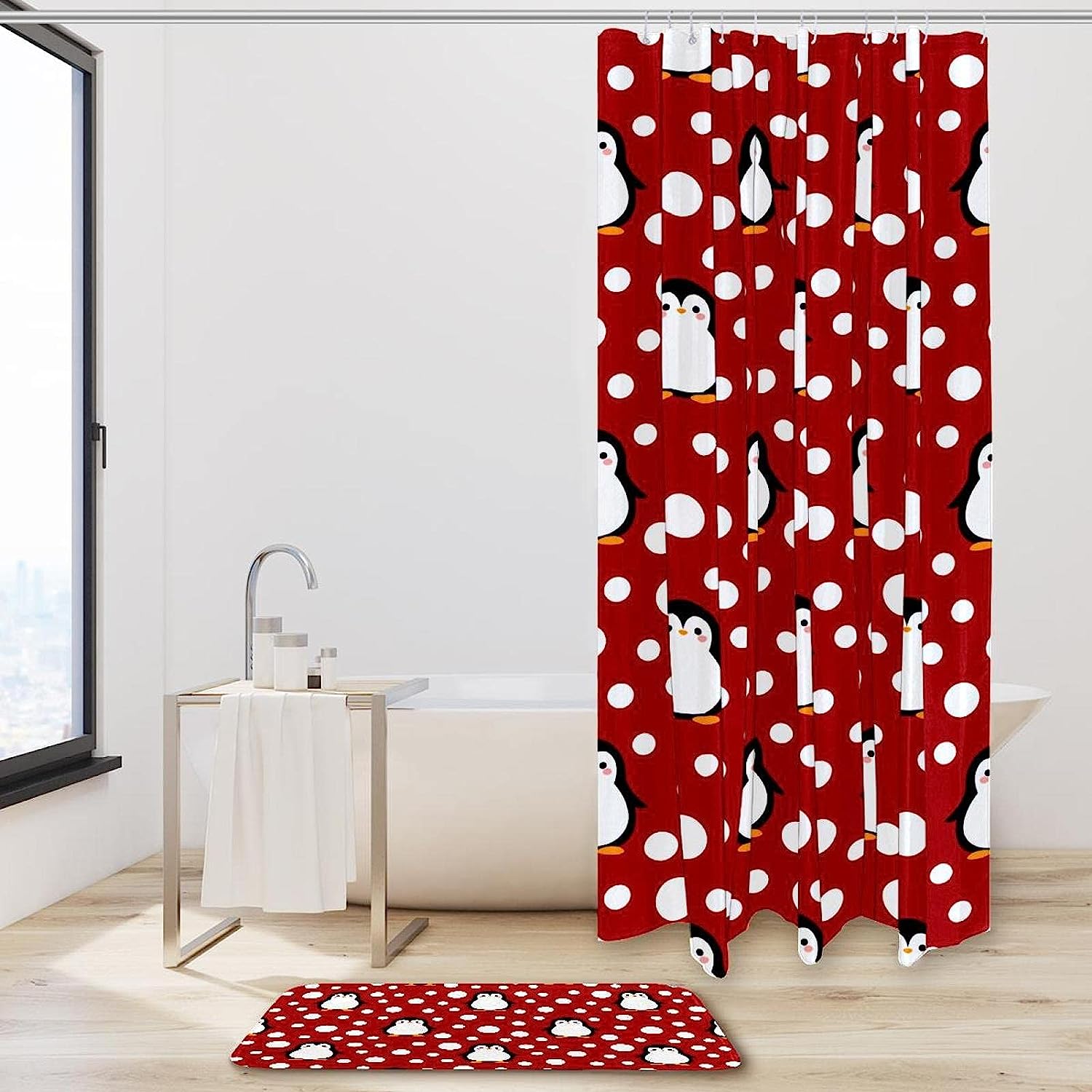 Cute Penguin Shower Curtain with Red Dot Accents for a Playful Bathroom