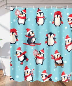 Cute Penguin Winter Animal Print Shower Curtain for Bathroom Fabric Home Decor 