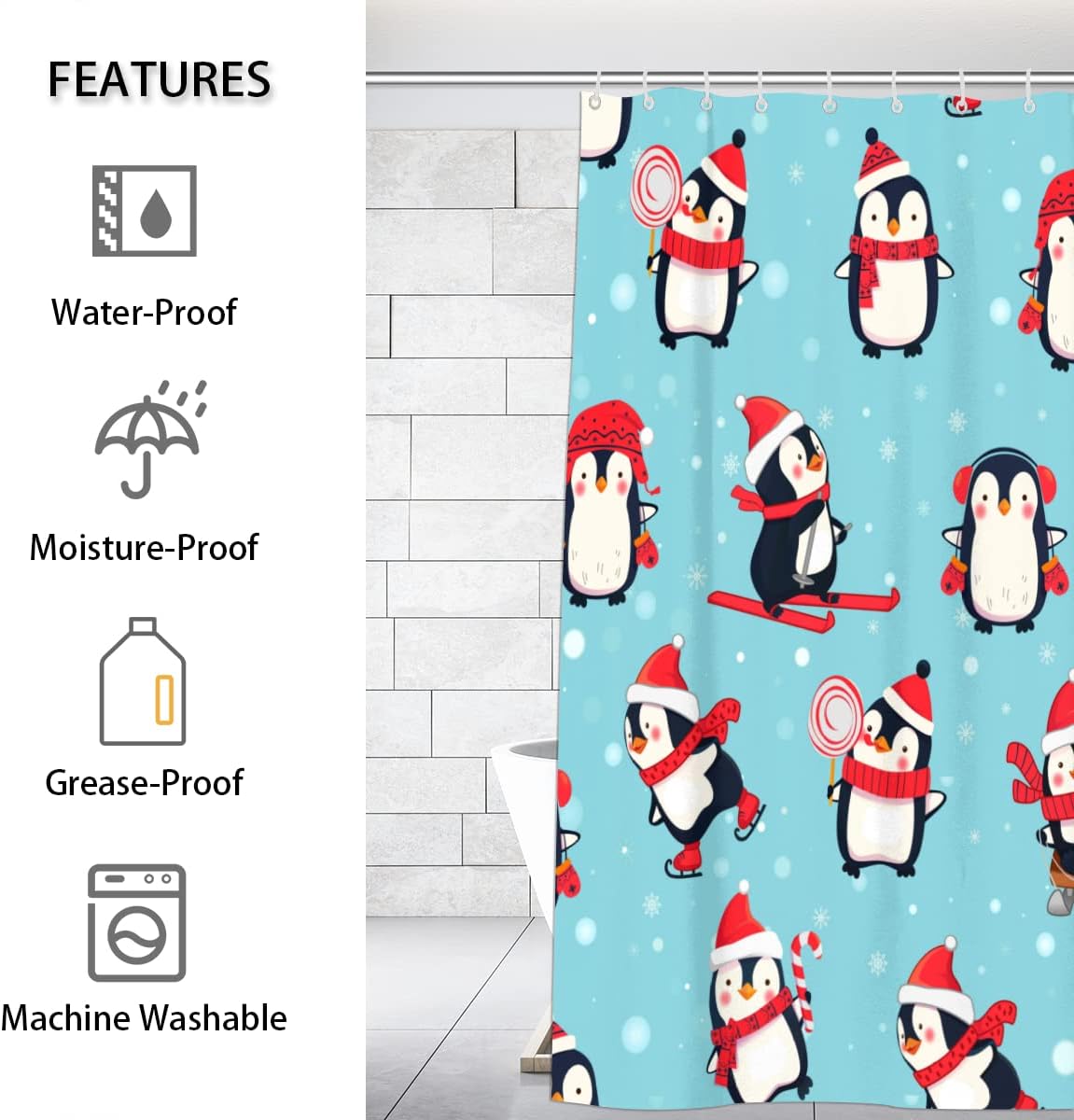 Cute Penguin Winter Animal Print Shower Curtain for Bathroom Fabric Home Decor
