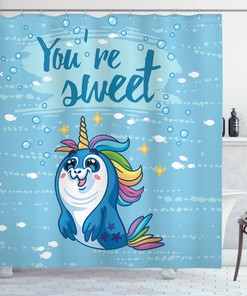 Cute Penguin and Sea Unicorn Print Shower Curtain for Bathroom Decor