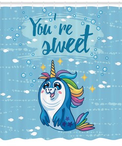 Cute Penguin and Sea Unicorn Print Shower Curtain for Bathroom Decor