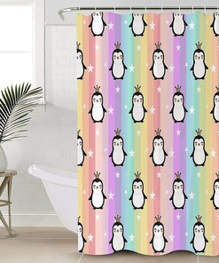 Cute Penguin on Rainbow Stripes Luxury Shower Curtain for Bathroom Decor