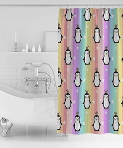 Cute Penguin on Rainbow Stripes Luxury Shower Curtain for Bathroom Decor