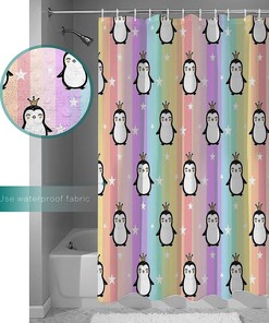 Cute Penguin on Rainbow Stripes Luxury Shower Curtain for Bathroom Decor