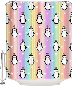 Cute Penguin on Rainbow Stripes Luxury Shower Curtain for Bathroom Decor