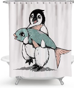 Cute Penguin with Big Fish Funny Animal Shower Curtain for Bathroom Decor 