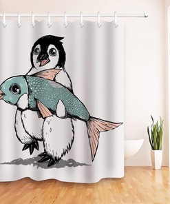 Cute Penguin with Big Fish Funny Animal Shower Curtain for Bathroom Decor