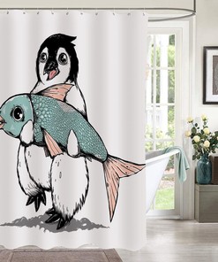 Cute Penguin with Big Fish Funny Animal Shower Curtain for Bathroom Decor 