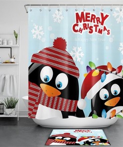 Cute Penguins And Santa Hat Snowflake Shower Curtain - Waterproof Fabric Bathroom Decor