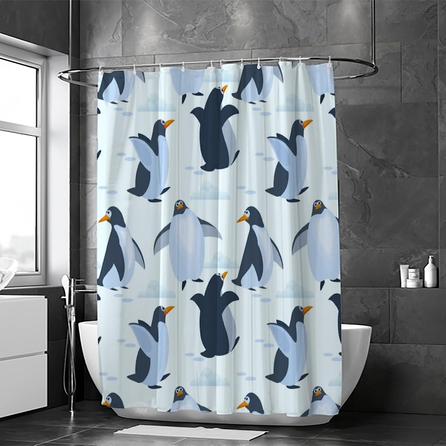 Cute Penguins Bathroom Decor Shower Curtain, RASHU Waterproof Fabric Bath Curtain Set