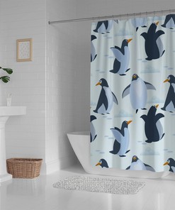 Cute Penguins Bathroom Decor Shower Curtain, RASHU Waterproof Fabric Bath Curtain Set