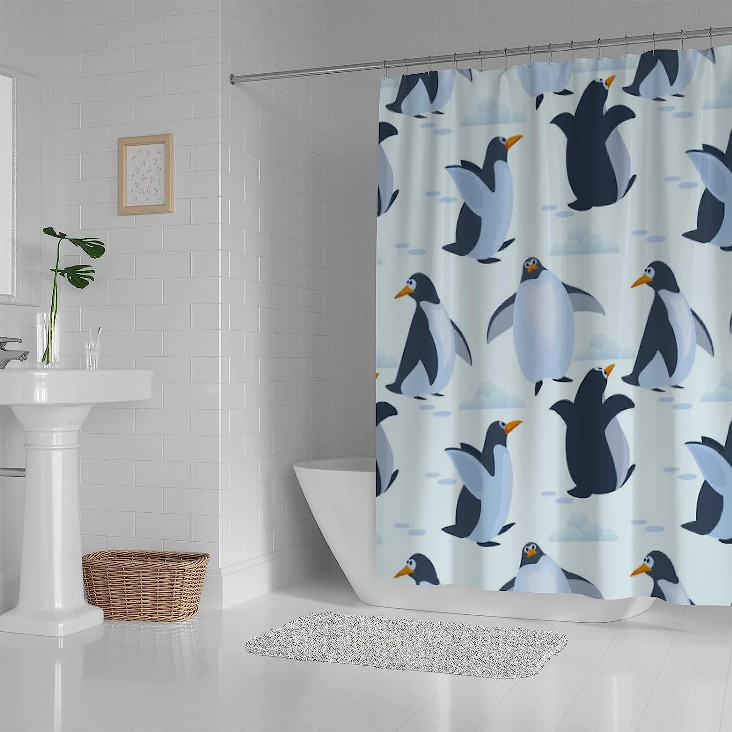 Cute Penguins Bathroom Decor Shower Curtain, RASHU Waterproof Fabric Bath Curtain Set