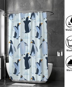 Cute Penguins Bathroom Decor Shower Curtain, RASHU Waterproof Fabric Bath Curtain Set