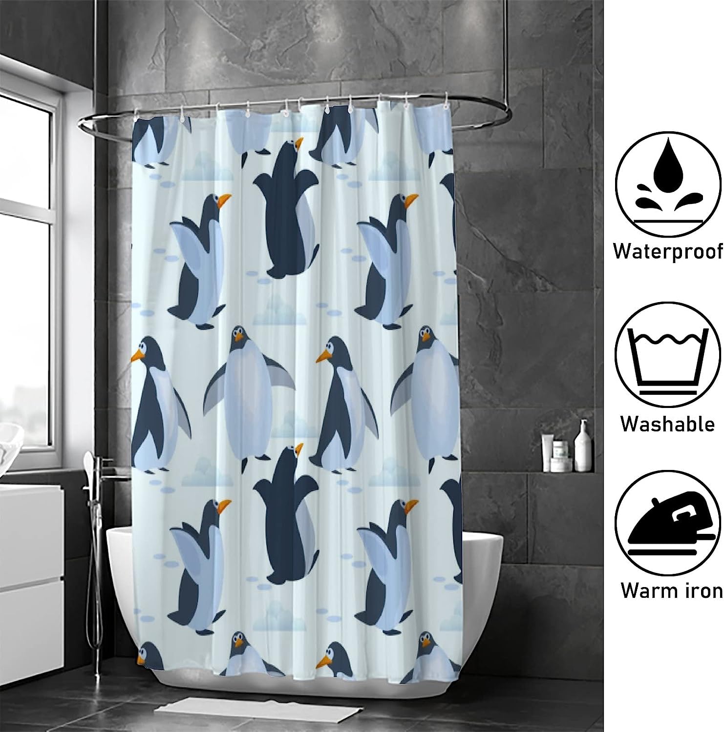 Cute Penguins Bathroom Decor Shower Curtain, RASHU Waterproof Fabric Bath Curtain Set