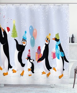 Cute Penguins Kids Print Fabric Shower Curtain For Festive Bathroom Decor