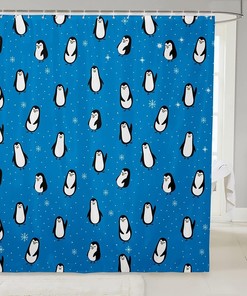 Cute Penguins Kids Shower Curtain with Snowflakes Dots Cartoon Blue Dreamy Curtains