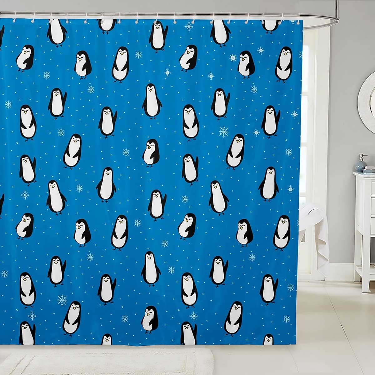 Cute Penguins Kids Shower Curtain with Snowflakes Dots Cartoon Blue Dreamy Curtains