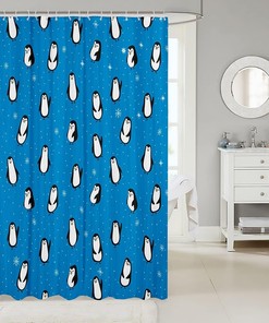 Cute Penguins Kids Shower Curtain with Snowflakes Dots Cartoon Blue Dreamy Curtains