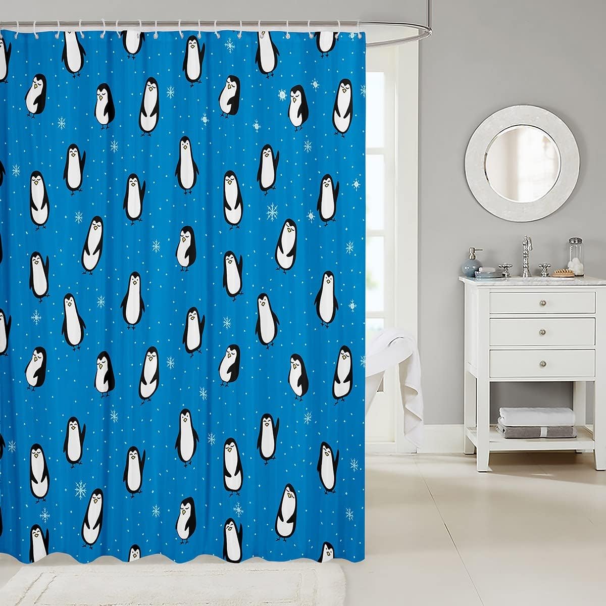Cute Penguins Kids Shower Curtain with Snowflakes Dots Cartoon Blue Dreamy Curtains