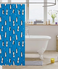 Cute Penguins Kids Shower Curtain with Snowflakes Dots Cartoon Blue Dreamy Curtains