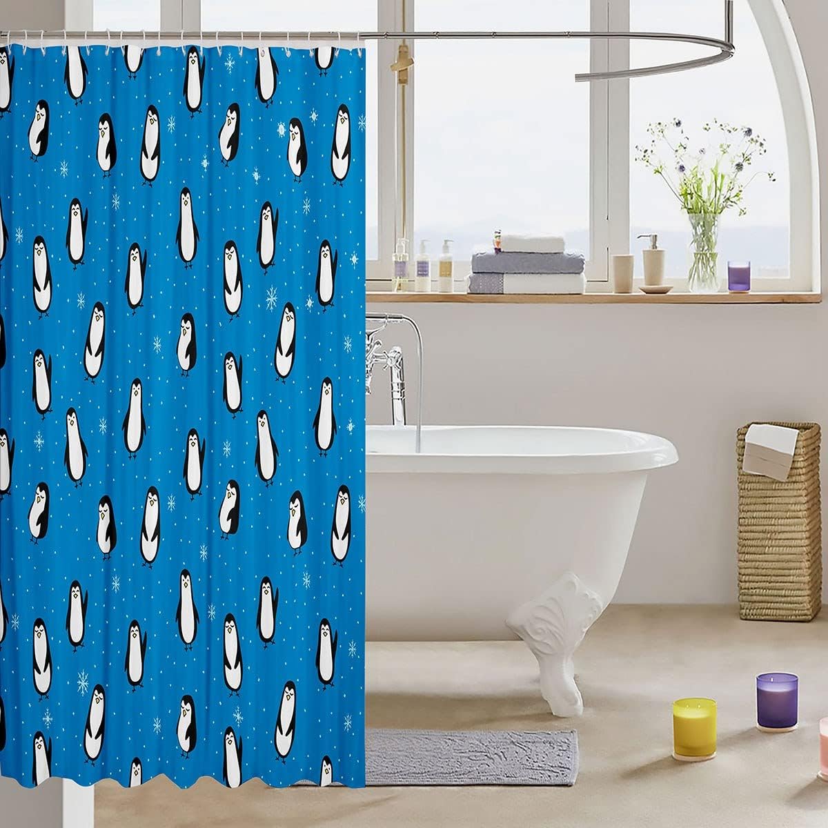 Cute Penguins Kids Shower Curtain with Snowflakes Dots Cartoon Blue Dreamy Curtains