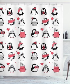 Cute Penguins Merry Xmas Winter Shower Curtain Set
