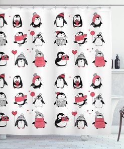Cute Penguins Merry Xmas Winter Shower Curtain Set 