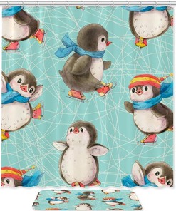 Cute Penguins Waterproof Fabric Shower Curtain