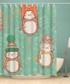 Cute Penguins Wearing Funny Hats Green Cartoon Penguin Shower Curtain for Bathroom Decor