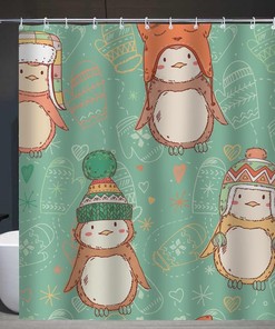 Cute Penguins Wearing Funny Hats Green Cartoon Penguin Shower Curtain for Bathroom Decor 