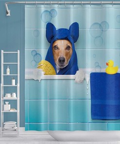 Cute Pet Animal Funny Dog Shower Curtain Blue Bath Towel Yellow Duck Bath Tub Bathroom Decor