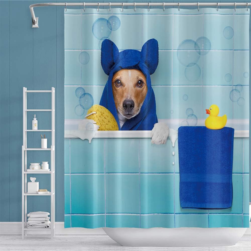 Cute Pet Animal Funny Dog Shower Curtain Blue Bath Towel Yellow Duck Bath Tub Bathroom Decor