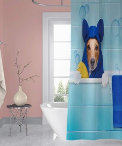 Cute Pet Animal Funny Dog Shower Curtain Blue Bath Towel Yellow Duck Bath Tub Bathroom Decor