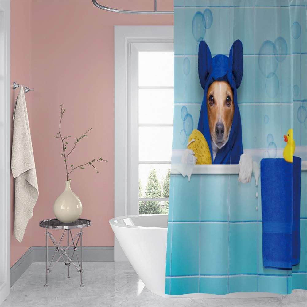 Cute Pet Animal Funny Dog Shower Curtain Blue Bath Towel Yellow Duck Bath Tub Bathroom Decor