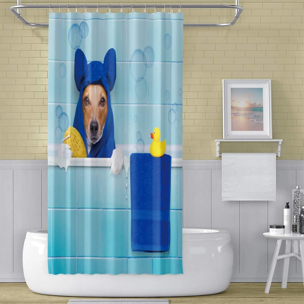 Cute Pet Animal Funny Dog Shower Curtain Blue Bath Towel Yellow Duck Bath Tub Bathroom Decor