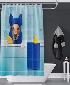 Cute Pet Animal Funny Dog Shower Curtain Blue Bath Towel Yellow Duck Bath Tub Bathroom Decor