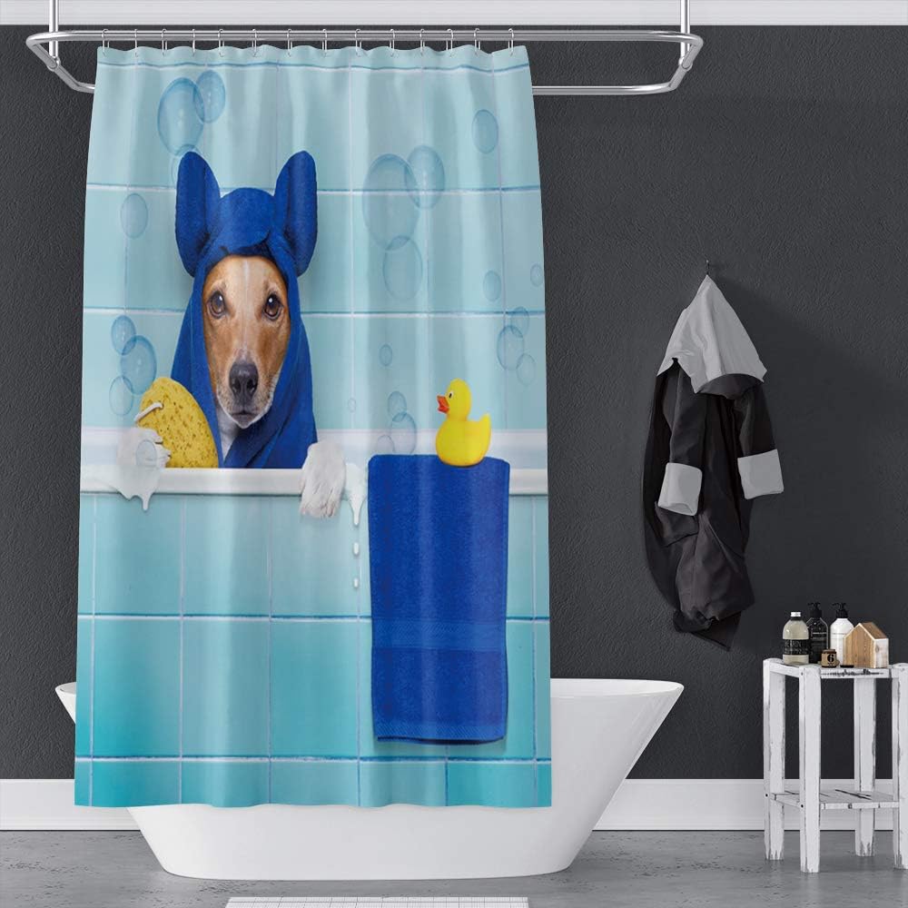 Cute Pet Animal Funny Dog Shower Curtain Blue Bath Towel Yellow Duck Bath Tub Bathroom Decor