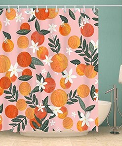 Cute Pink Boho Tropical Fruit Orange Shower Curtain for Bathroom
