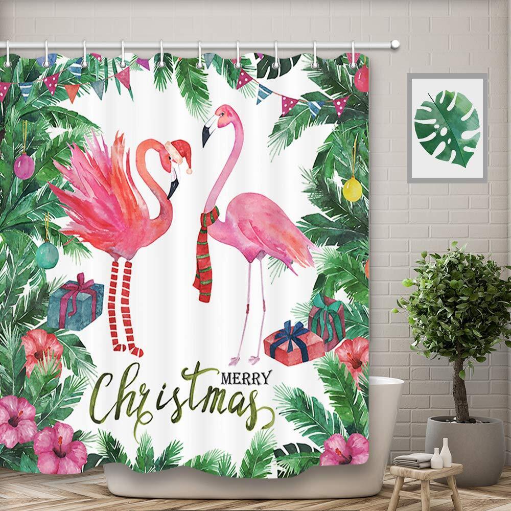 Cute Pink Flamingo Fabric Shower Curtain with Waterproof Material for Bathroom Decor