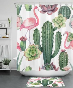 Cute Pink Flamingo, Tropical Plant, And Cactus Flower Shower Curtain For Playful Bathroom Decor