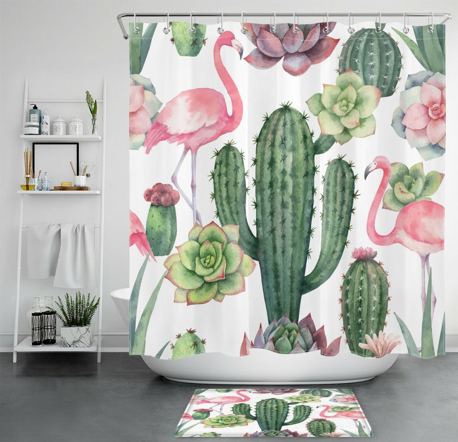 Cute Pink Flamingo, Tropical Plant, And Cactus Flower Shower Curtain For Playful Bathroom Decor